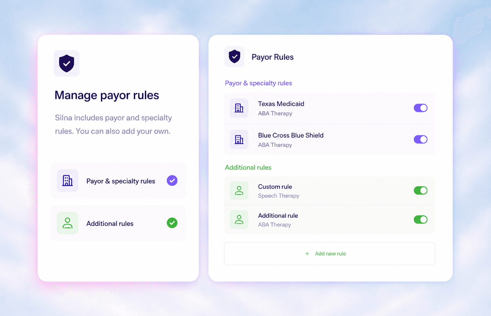 Manage payor and custom rules