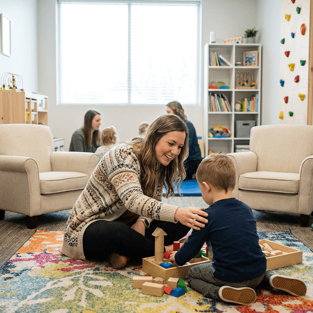 ABA therapist playing with building blocks alongside a child in a colorful therapy playroom